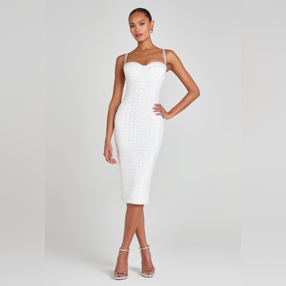 NADINE MERABI White Sequin Midi Dress with Embellished Straps